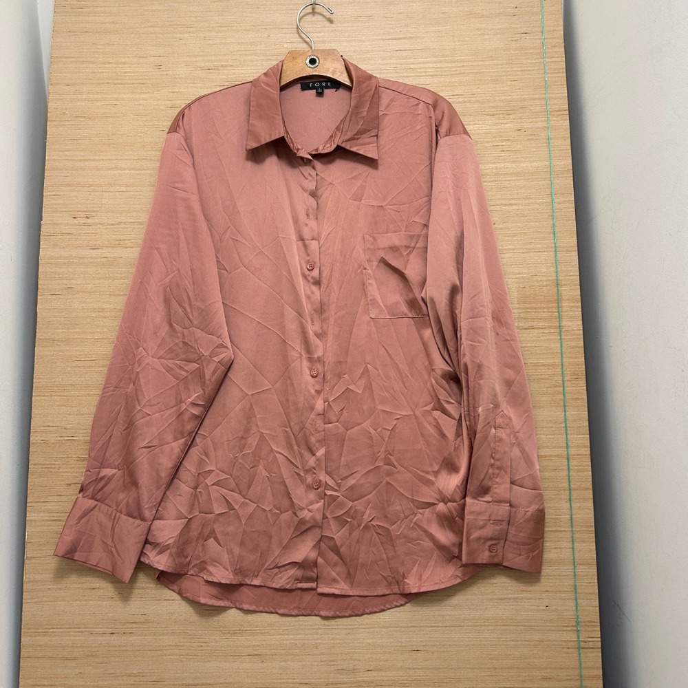 FORE Dusty Rose Satin Button Down Shirt Long Sleeve Collared Blouse Large